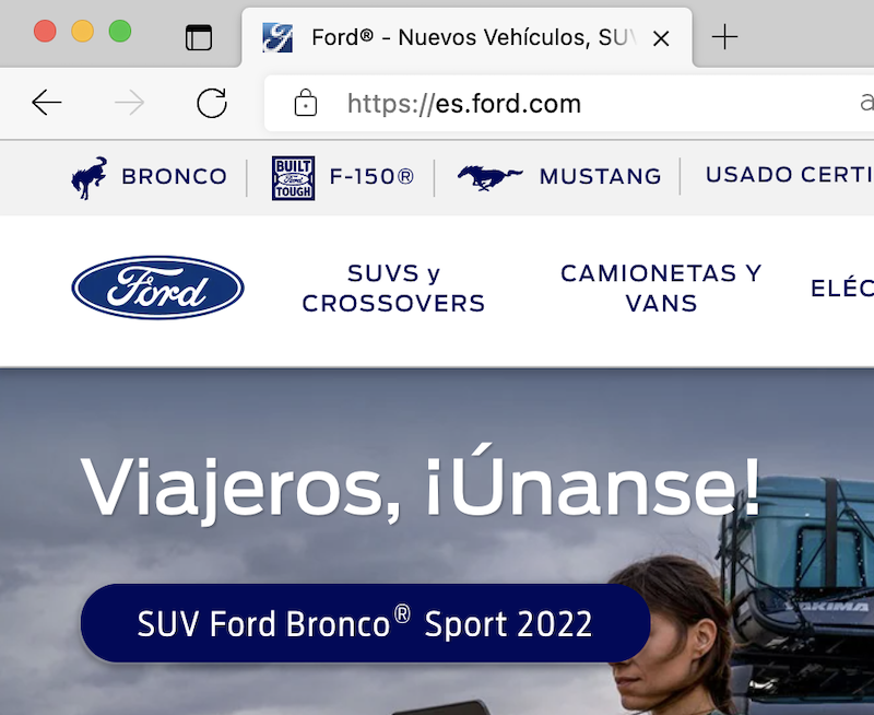 Fordのサイト。es.ford.comというドメインを用いている。