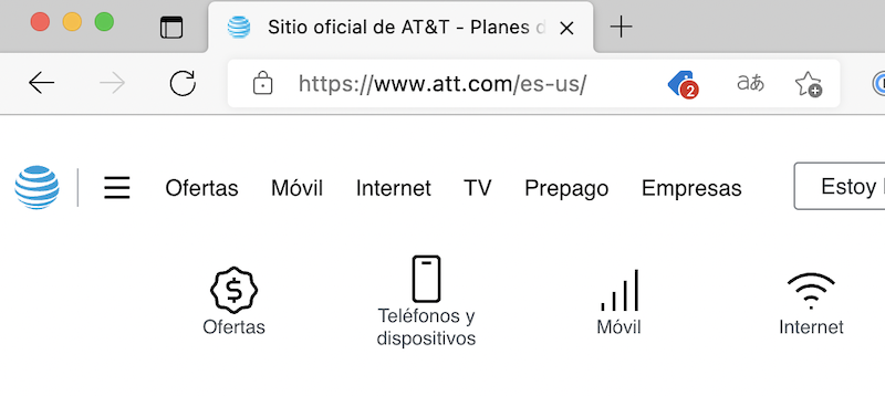 AT&Tのサイト。URLにes-usという文字列が見える。