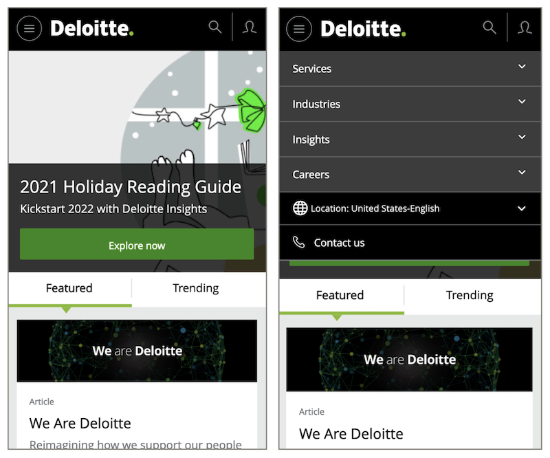 Deloitteのモバイルサイト（左）でメニューを開いた状態（右）。メニューを開かないと、地球儀のアイコンは目視できない