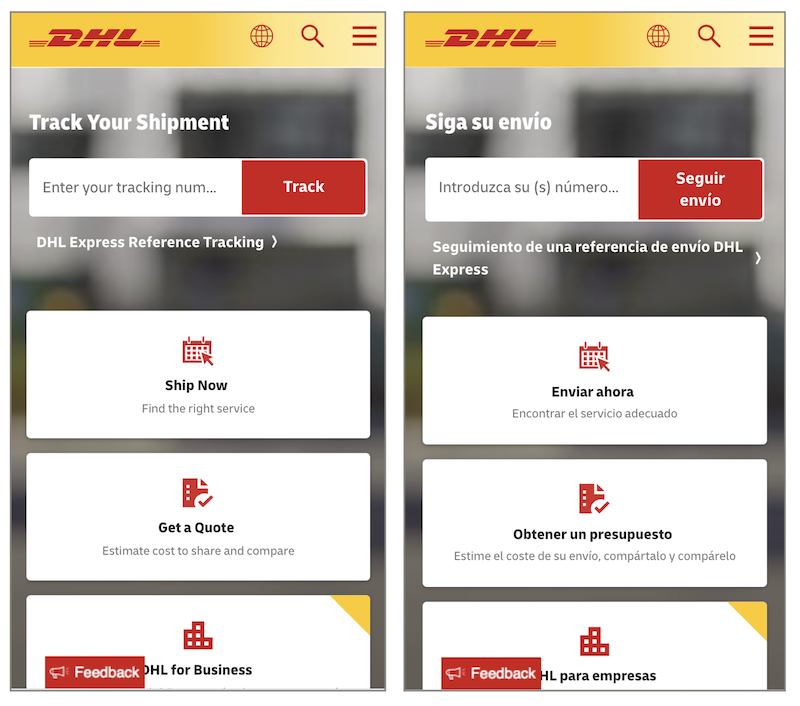 DHLのモバイルサイト、左はアメリカ向けで右はスペイン向けの画面キャプチャ