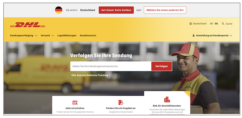 ドイツからDHLの.comのサイトにアクセスした際の表示画面
