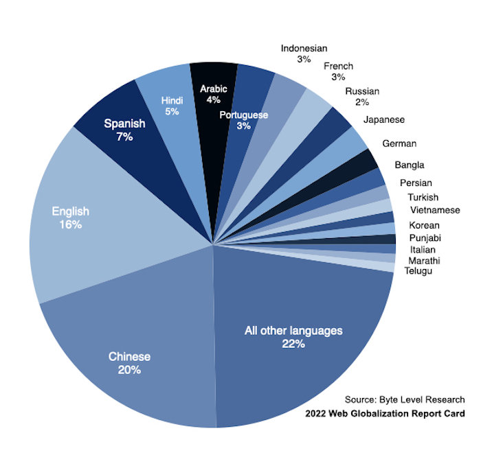インターネットユーザーの母国語の割合を示した円グラフ。最も割合を占めるのはその他の言語（22%）で、それに中国語（20%）、英語（16%）、スペイン語（7%）、ヒンディー語（5%）、アラビア語（4%）、ポルトガル語（3%）が続く