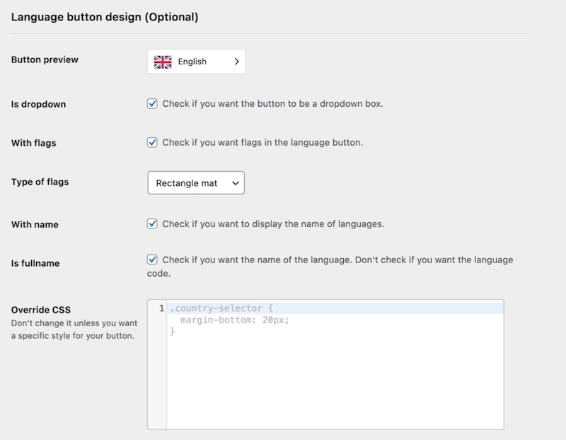 Learndashの紹介している言語ボタンの設定画面