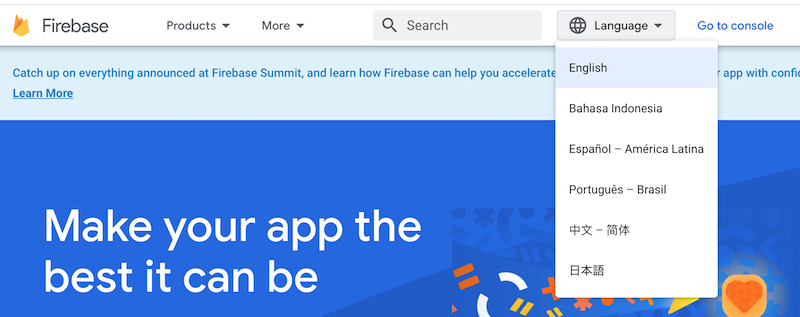 Google Firebaseのグローバルゲートウェイを表示させているところ。メニューの下端には「日本語」があり、それより下にほかの言語が存在しているようには見えない。