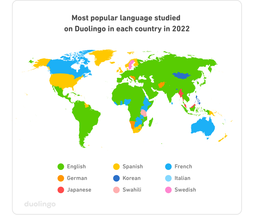 国ごとに最も人気のある言語を色で表したグラフ。アメリカではスペイン語が最も人気がある。