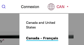 現在閲覧中のサイトが、フランス語を話すユーザーに向けたカナダのサイトであることを示している。