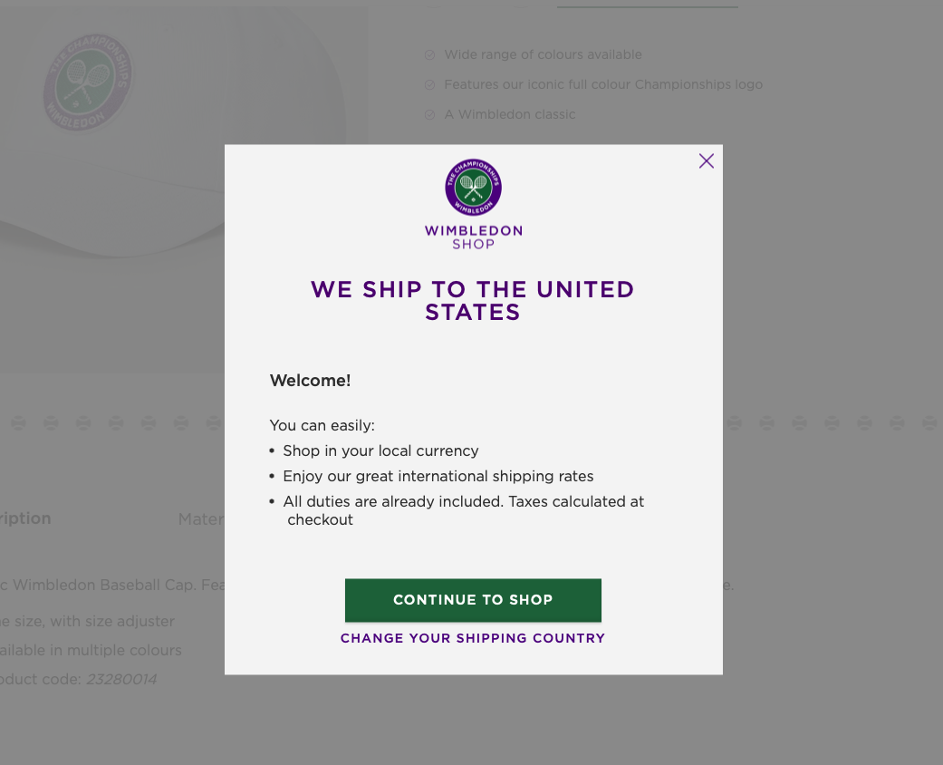 Wimbledonのショッピングサイトのスクリーンショット。「アメリカに向け発送します」という見出しダイアログが表示されています
