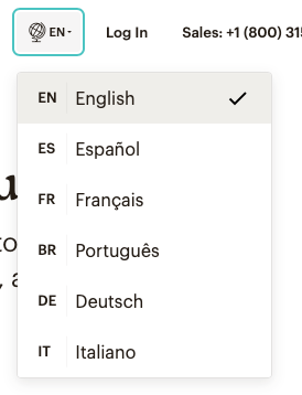 Mailchimpの現在のグローバルゲートウェイを開いたところ。言語のラベルがそれぞれの言語で列記されている