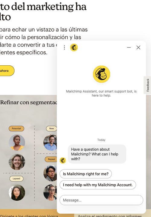 Mailchimpのサイトのアシスタントアプリ（オンラインチャット）