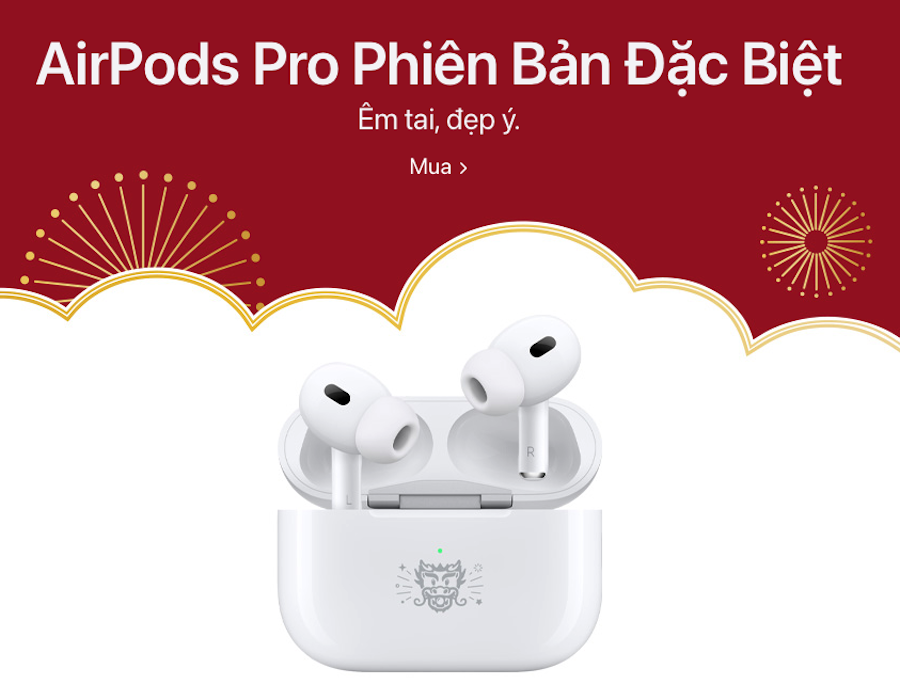 ベトナム向けサイトに掲載されているAirPods。龍のイラストがケースに刻印されている。