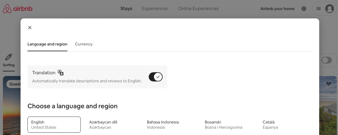 Airbnbのサイトで言語や地域を設定する画面のスクリーンショット