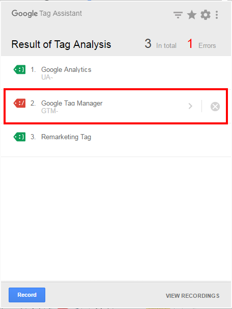 Google Tag AssistantのGTMに対するエラー表示