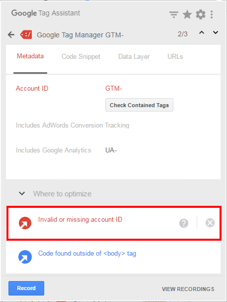 Google Tag Assistantの「Invalid or missing account ID」というアラートメッセージ