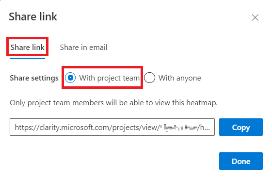 Clarityのシェア機能におけるWith project team選択画面