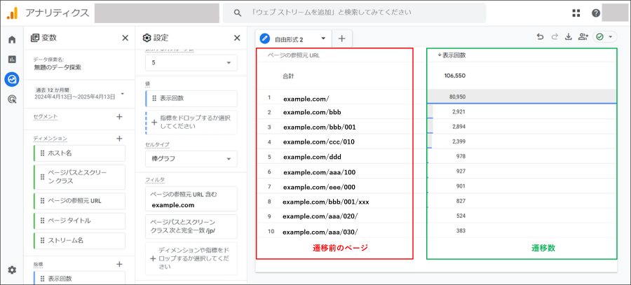 前のページのURLを確認する探索レポート