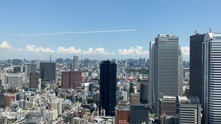 遠くに見えるブルーインパルスと街並みの写真