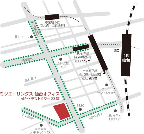 JR仙台駅西口を出て、青葉通りを直進します。東二番町通りとの交差点を横断して左折し、北目通り方面に500mほど歩くと、右手に「仙台トラストタワー」があります。ミツエーリンクス仙台オフィスは、仙台トラストタワーの23階です。